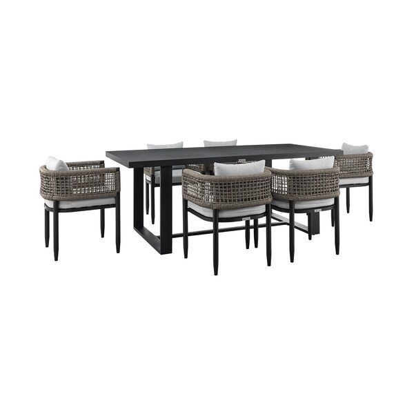 Armen Living Felicia Outdoor Patio 7-Piece Dining Table Set in Aluminum with Gray Rope and Cushions 840254333307 - main